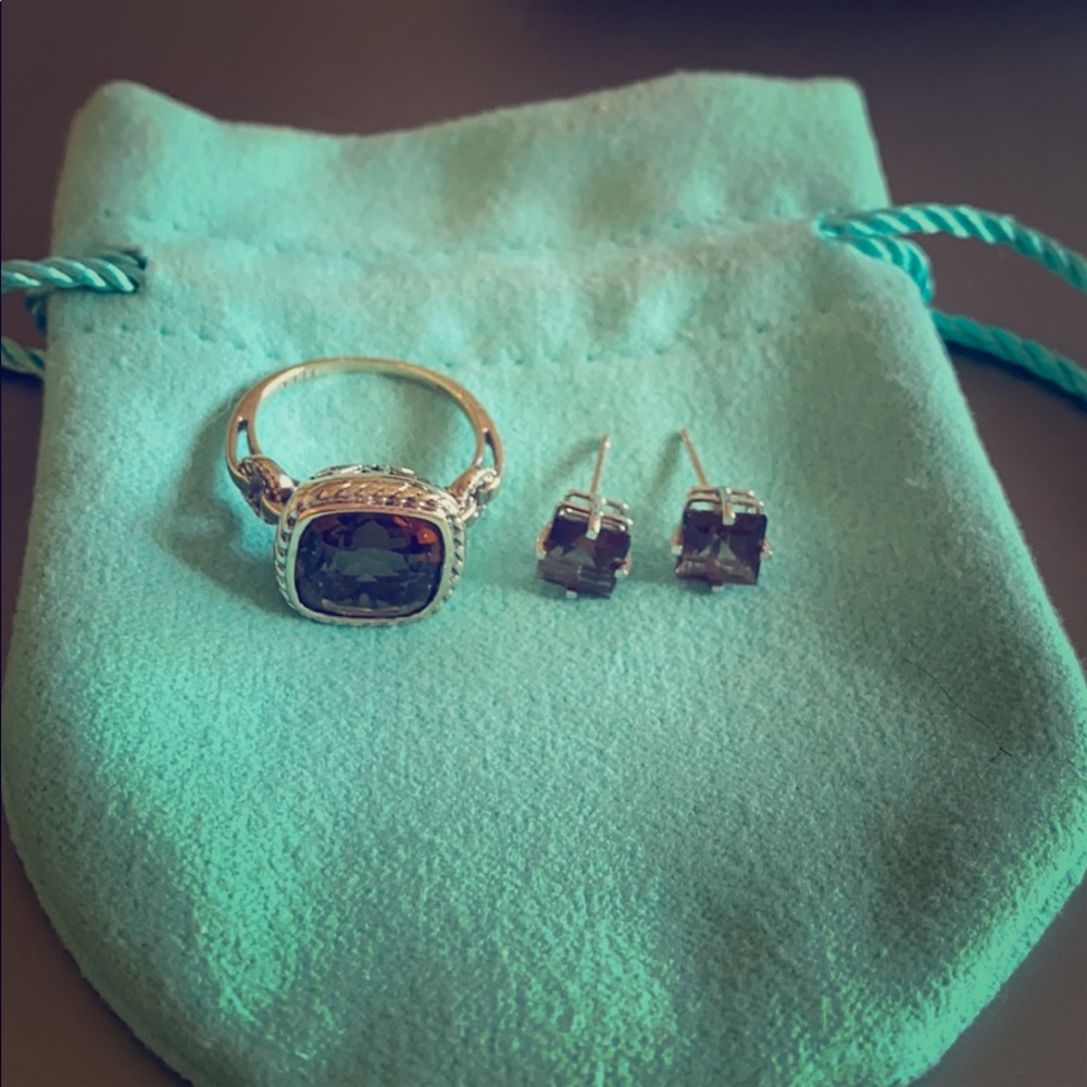 Vintage white gold ring w/smoky topaz stone/diamonds & smoky topaz earrings